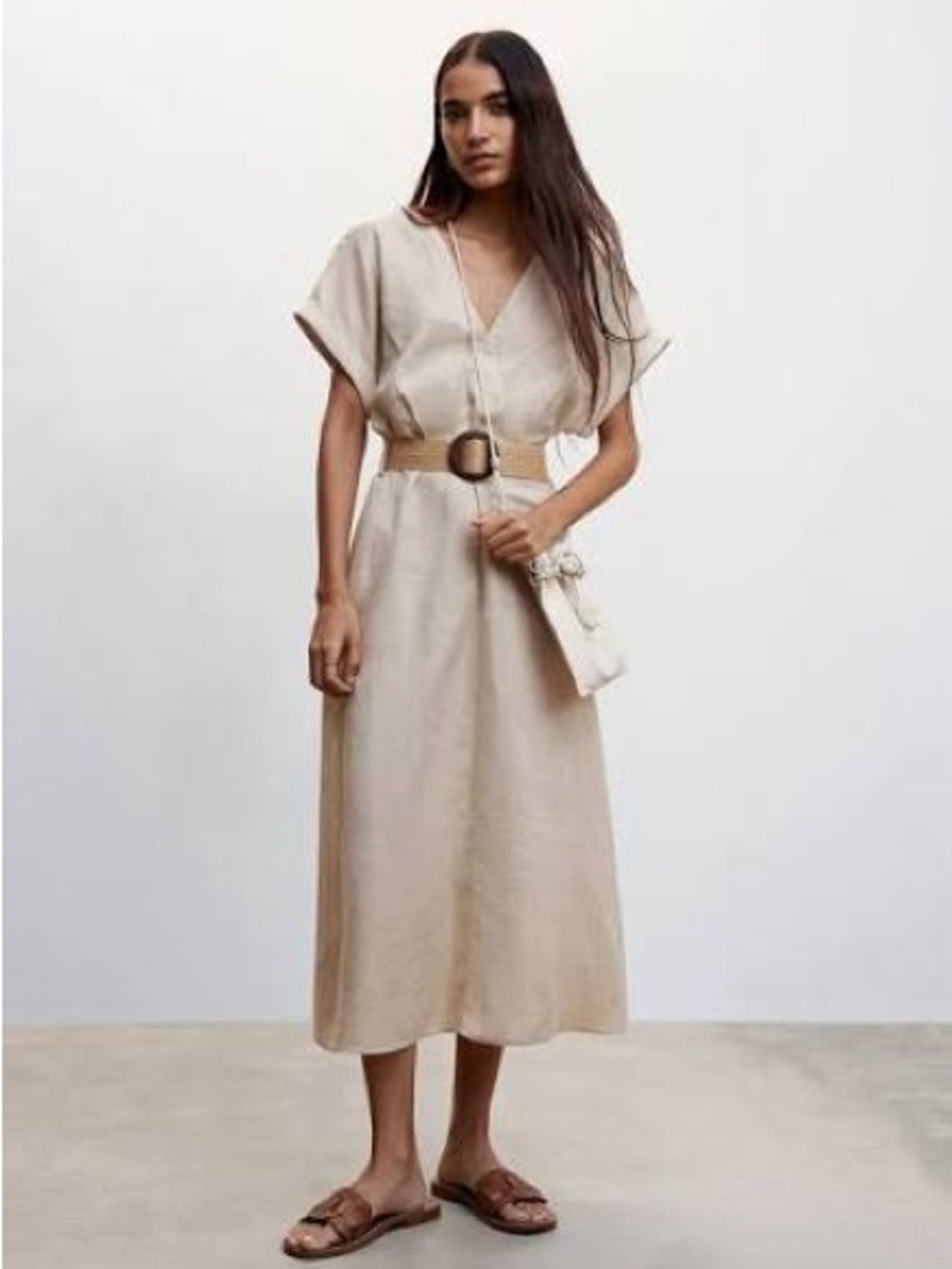 Beige V-Neck Linen Midi Dress with Belt